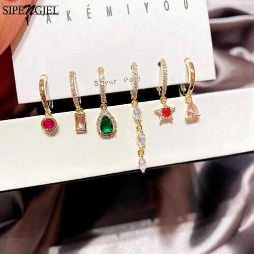 SIPENGJEL Rainbow Colorful Zircon 6-piece Earrings Set Geometric Square Crystal Pendant Hoop Earrings For Women Jewelry
