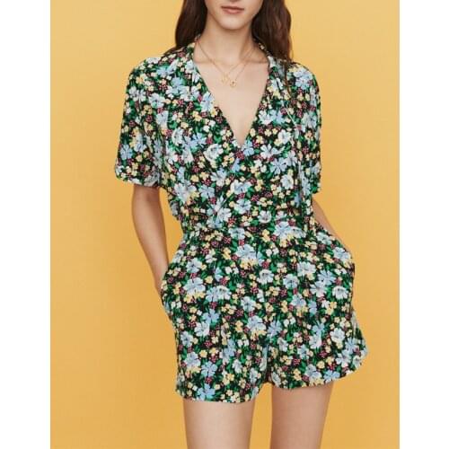 V Neck Floral Print JumpSuit With Neckties & Short Sleeve - 2019ss Women Stylish Playsuit