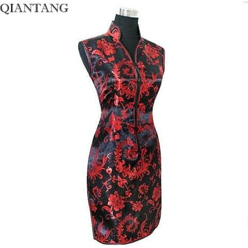 Hot Sale Black-Red Chinese Womens Satin Mini Cheongsam ropa mujer New V-Neck Qipao Dress Flower Size S M L XL XXL XXXL JY012-6