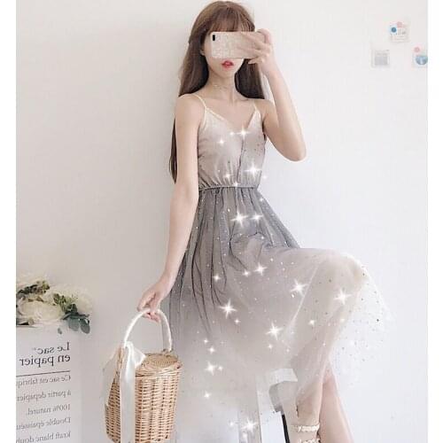 Summer 2019 New Japanese Tens Girls Gradient Color Sling Mesh Dress + Lace Cardigan Top Fashion Temperament Two-piece Suit