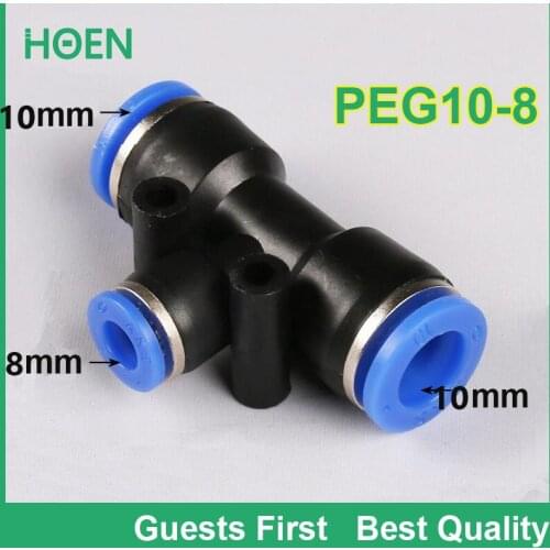 100 pcs PEG Reducing Unequal tee type Union PEG10-8 Tee redecer 10mm to 8mm Air Tube Fitting One touch push In pneumatic fitting