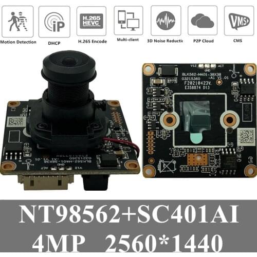 4Pcs NT98562+SC401AI 4MP 2560*1440 H.265 IP Camera Module Board M12 Lens MIC Audio Interface ONVIF VMS XMEYE Radiator P2P