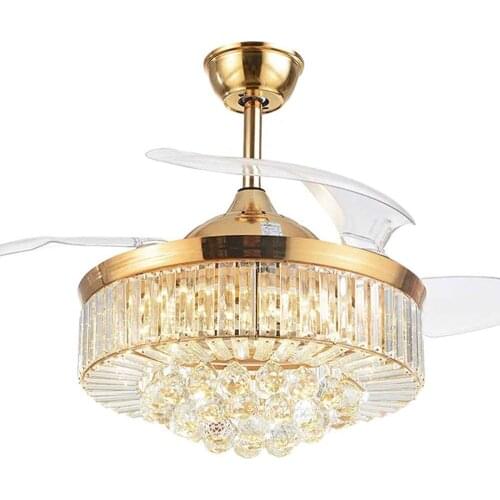 42 Inches Crystal Ceiling Fan Light 200-240V LED Ceiling Light Retractable Blade Adjustable Wind Speed with Remote Control