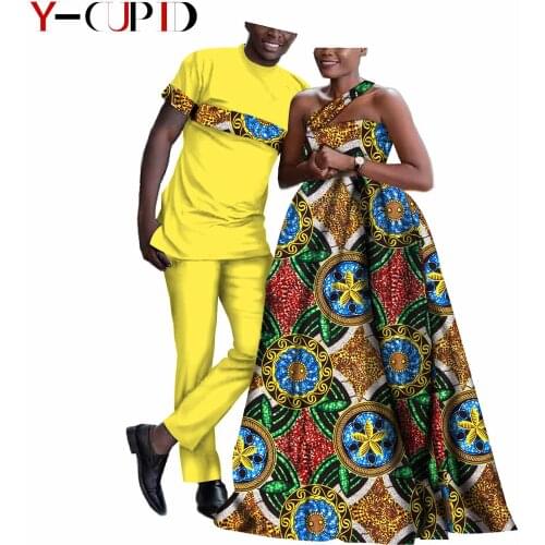 African Clothes for Couples Women Print Long Dresses Matching Men Outfits Patchwork Top Tee and Pants Sets Party Wedding YS19C01