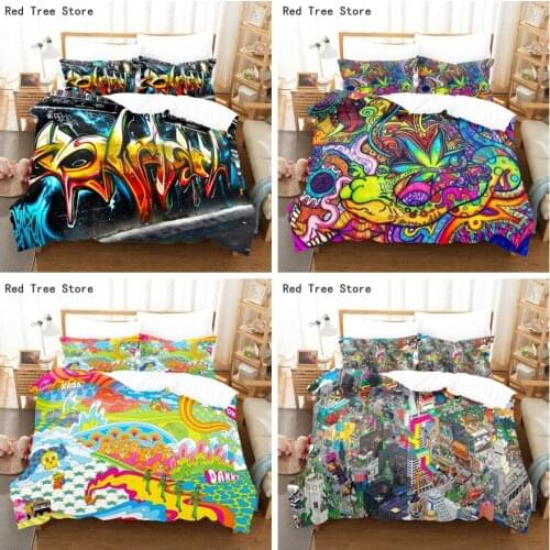 Graffiti Doodle Colorful Printing Bedding Set Cover Kids Boy Teen Cartoon Duvet Covers 135*200 Twin Full Size Bedline Comforter