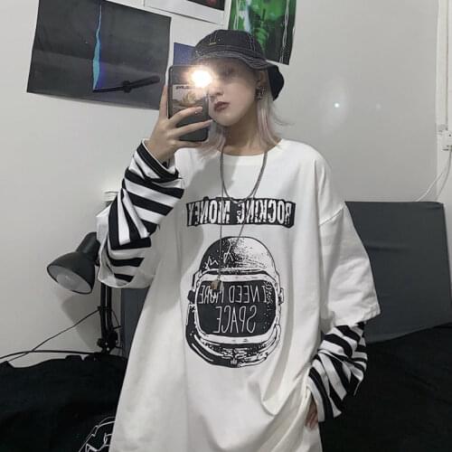 High Street Creative Funny Print Patchwork Unisex Tshirt Striped Long Sleeve Neutral Style Loose Clothes Harajuku White Men Top