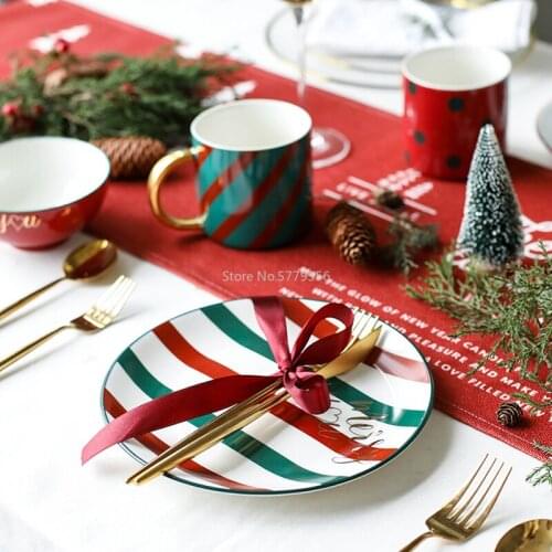 Nordic Ceramic Tableware Gold-plated Dish Bowl Coffee Mug Spoon/Fork/Knife Dishes and Plates Sets Christmas Decorations for Home