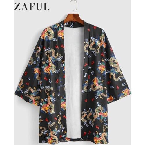 ZAFUL Open Front Dragon Print Kimono Cardigan Men Women Short Sleeves Shirts Casual Loose Jacket Harajuku Blouse Tops