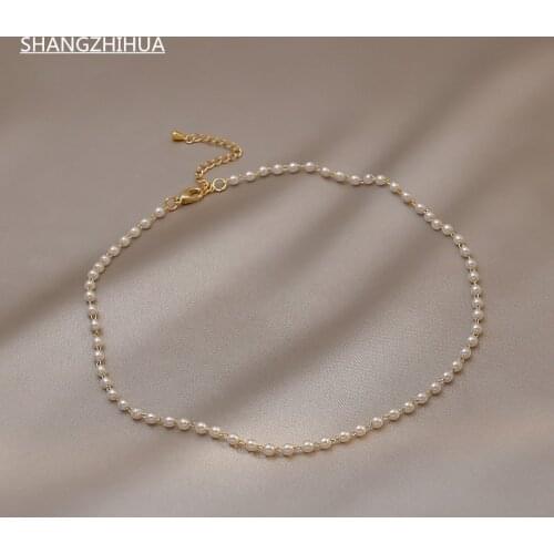 SHANGZHIHUA Classic Elegant Ladies Luxury Pearls Chain Fashion Womens Necklace Delicate Girls Unusual Jewelry Accessories