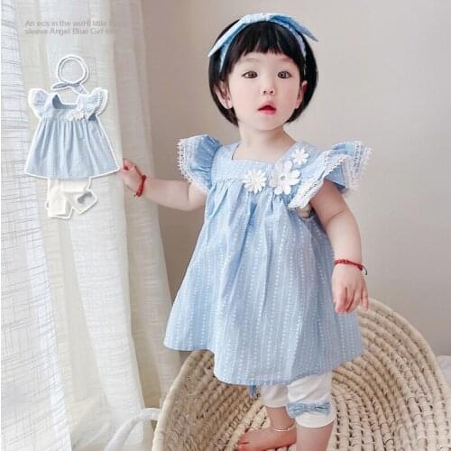 3PCS Korean Angel Blue Girls Summer Dress with White Shorts Headband Flying Sleeve Childrens Clothes Lovely Princess Dresses