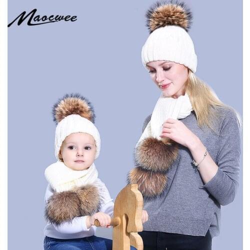 Parent-child Cap and Scarf Set Cute Kid Baby Fur Pompon Winter Knitted Hat Cap Three Nature Fur Pom Pom Balls Beanie Bones 2018