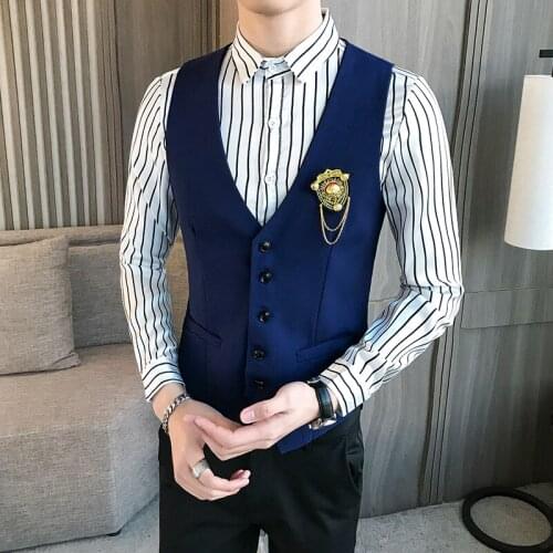 Suit vest men wedding dress groom sleeveless vests work mens waistcoat korean slim fit formal business bule blazer vest