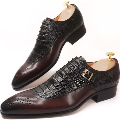 New 2021 Men Oxford Shoes Lace up Pointed Brown Black Classic Style Mens Dress Shoes Crocodile Prints Leather Shoes Men Formal
