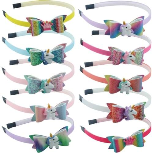 1 PC Girls Hair Bow Hairband Unicorn Headband Glitter Hairbow 3 Inch Bows Headhoop Shinning Crown Children Spring Headwear