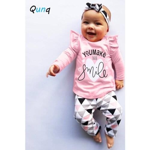 Baby Girls Clothes Letter Printed Casual Infant Girl Costume Headband Pink Long Sleeve Shirts Pant 3pcs Newborns Clothing Set