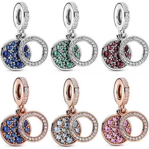 Diy Charm Rose Sparkling Light Blue Blue Pink Green Disc Double Pendant 925 Sterling Silver Beads Fit Pandora Bracelet Jewelry
