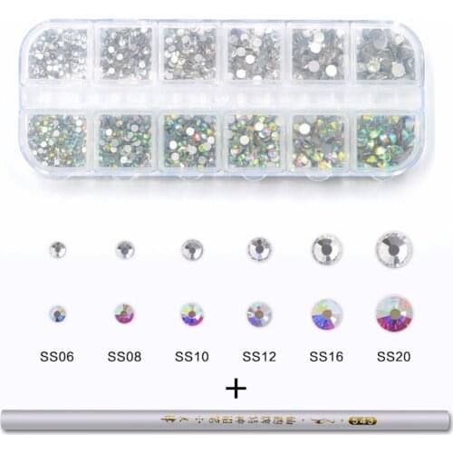 Meicailin 1 Box SS06-SS20 AB Nail Rhinestone for Nails with Nail Dotting Pen Multi-size Manicure Shiny Crystal Gem Nail Supplies