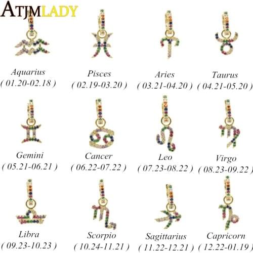 12 Constellations Zodiac Sign hoop earrings for Women Girls Gold Rainbow color cz Cubic Zirconia fashion Anel anillos Jewelry