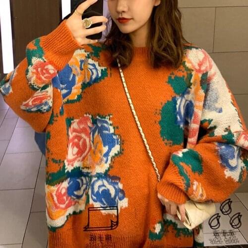 Mohair Jumper Women Pink Flower Chic Round Neck Jumper - Ladies O Neck Leonard Multicoloured Jacquard Sweet Sweater Pullover Top