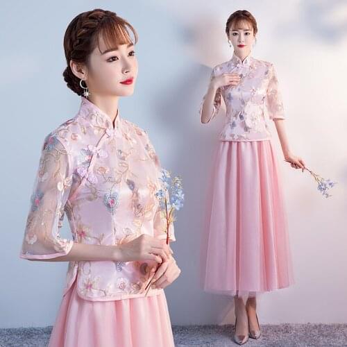 2pcs Half sleeve Tea-length Embroidery lace pink Bridesmaid Dresses Wedding Guest Elegant Dress Women For Wedding Party Vestidos
