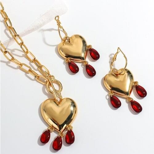 Flashbuy New Trendy Gold Color Love Heart Pendant Necklaces for Women Vintage Acrylic Red Beads Water Drop Fashion Jewelry