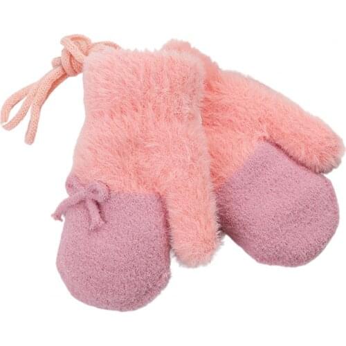 1 Pair Winter Children Warm Gloves Knitted Thicken Color Patched Bow Mittens