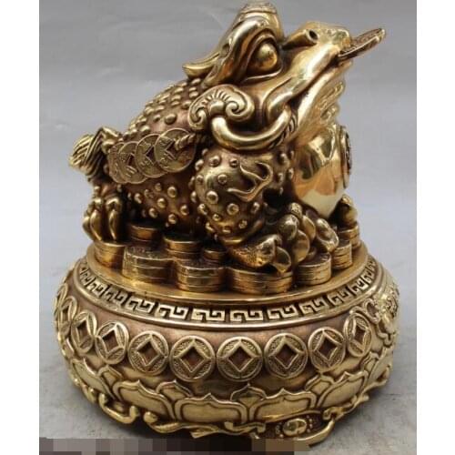 Free shipping S00103 10"Chinese Bronze Wealth Yuanbao Lotus Money Golden Toad Statue