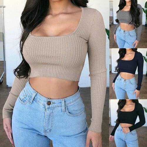 Blouse Women Solid Square Neck Sexy Long Sleeve Low Cut Pullover Slim Streetwear Shirt Autumn Elegant Crop Top