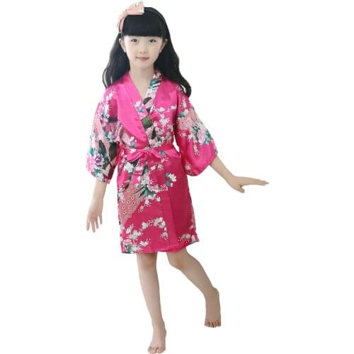 Kid Peacock Satin Kimono Rose Red Robe Bathrobe Nightgown for Party Wedding