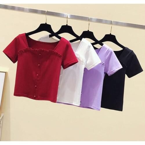 Summer Womens T-shirt Korean Square Collar Solid Color Ruffle Crop Top New Style Thin Loose Female Shirts DE472