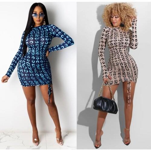 JESSIC European and American round neck print long-sleeved sexy bag hip high elastic dress pleated skirt 2021 hot