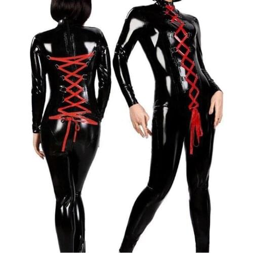 Dream Vine Sexy Faux Leather Zentai Catsuit Smooth Wetlook Jumpsuit Lace Up Elastic Black PU Full Bodysuit Playsuit Clubwear