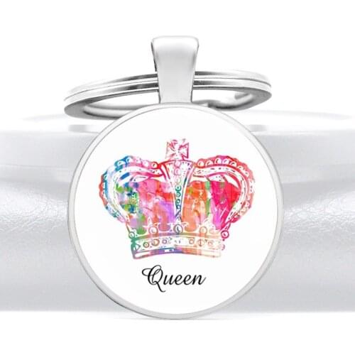 Silver Color Fashion Queen Crown Glass Dome Metal Key Chain Charm Women Key Ring Jewelry Gifts Keychains