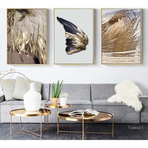 Modular Feathers Canvas Painting White Poster and Print Unique Modern Golden Wings Wall Art Pictures for Living Room Home Decor