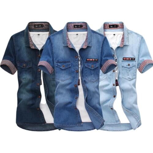 Men Cowboy British Flag Shirt Mens Short-Sleeved Denim Shirt Slim Washed Denim Teenage Student Shirt