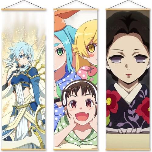 Wall Art Canvas Kimetsu No Yaiba Pictures Poster Anime Role Wooden Scroll Hanging Painting Re Zero Print Home Decor Living Room