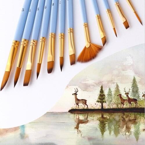 New 12Pcs Watercolor Gouache Painting Brushes Wooden Nylon Hair Pens Art Supplies