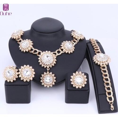 OUHE Sunflower Shape Jewelry Sets For Women Pendant Necklace Earrings Ring Set Dubai 5 Colors Wedding Brides Costume Accessories