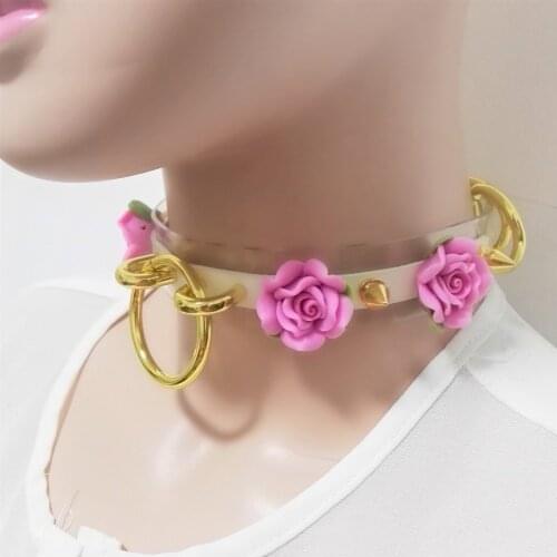 New Fashion Sexy Harajuku Leather Punk Choker Necklace Flower Gold-color O-Round Rivets Collar handmade goth torque hot rock