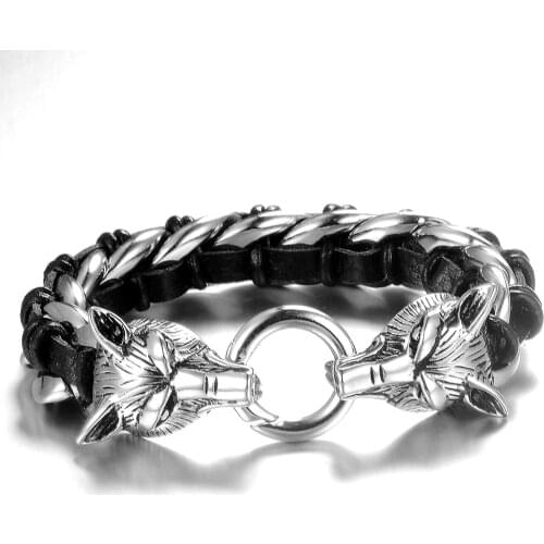 Punk Rock gold silver color Man Jewelry 316L Stainless Steel With Genuine Leather Wrap Bracelet Men Cool Double Wolf Head Animal