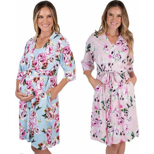 Maternity Nightwear Women Lady Floral Kimono Bathrobe Cozy Soft Breathable Sleepwear Nursing Nightgown Pajamas Sleep Lounge