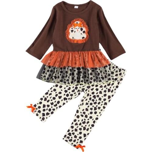 Baby Girls Thanksgiving Clothes Set Toddler Long Sleeve O-neck Tops with Mesh Hem + Leopard Print Long Pants Baby Sets 1-6Y