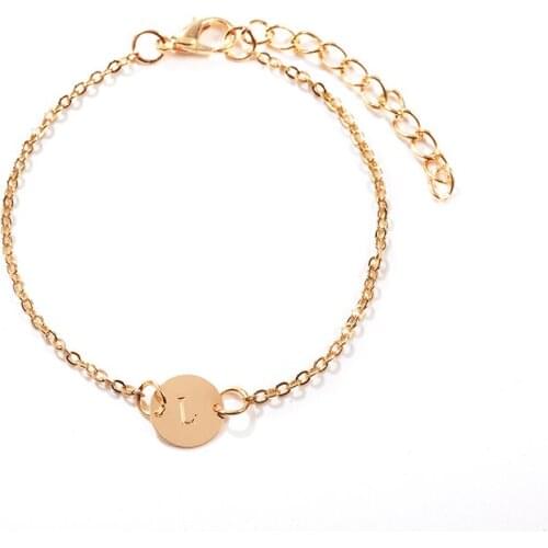 Simple Geometric Circle Golden Chain Initial Letter A-Z Alphabet Alloy Adjustable Bracelets For Women Girls