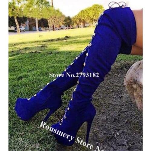Top Sexy Style Round Toe Suede Leather High Platform Over Knee Stiletto Heel Boots Blue Red Lace-up Slim Long High Heel Boots