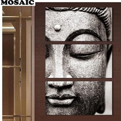 Rhinestone mosaic diamond Canvas painting Gray 3 Panel Modern Large Buddha faith icon Wall art Home Decor for Living Room