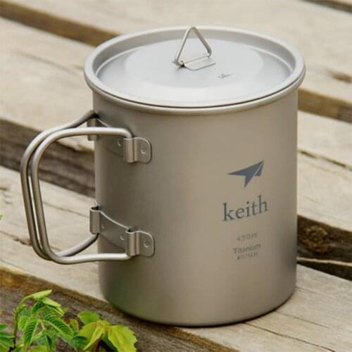 Titanium Mug Single Wall Drinkware Ultralight Portable Water Mug With Lids Foldable Handle Outdoor Camping Cooking Cup Mug 450ML