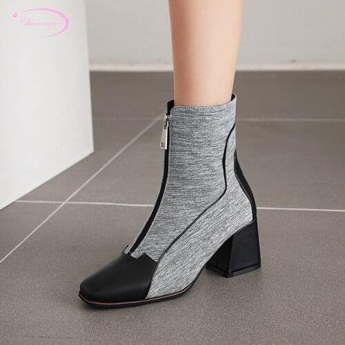 Casual wind square toe flock ankle boots fashion zipper color matching black green grey pink high thick riding boots shoes women