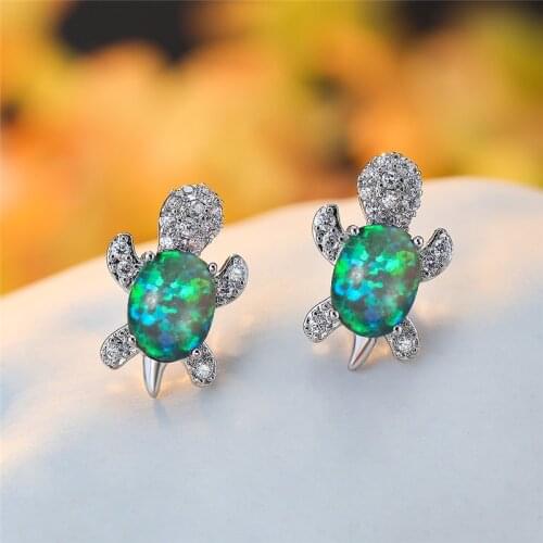 Female Cute Turtle Stud Earrings Oval Stone Green Opal Earrings For Women Animal Jewelry Vintage Silver Color Wedding Earrings