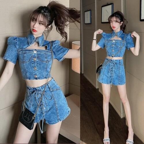 2021 spring summer fashion women Jeans Shorts Sexy Sexy hollow denim tops+Lace-up shorts denim suit Two Piece Sets