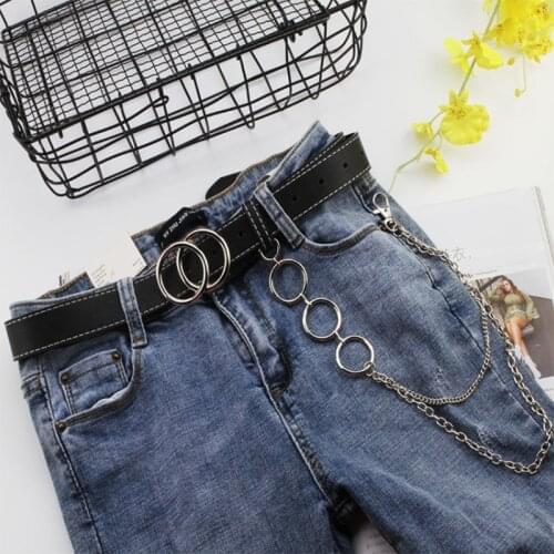 CKMN Brand Womens Fashionable Double Circle Leather Belt Punk Wind Hanging Chain Belts For Women Trend Simple Jeans Belt New